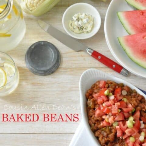 serving dish filled with vegan baked beans