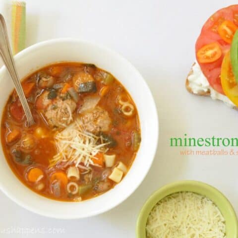 This Minestrone Soup is a richly flavored vegetable soup with ground turkey meatballs and pasta noodles