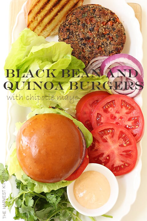 Moist and tender Quinoa Black Bean Burgers made with black beans, quinoa, vegetables all topped with a chipotle mayonnaise