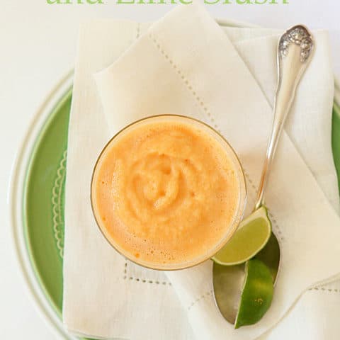 This Cantaloupe Lime Slush is made with frozen cantaloupe chunks, fresh lime, and coconut water and makes a delicious healthy snack or dessert