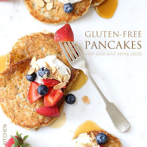 These Gluten-free Pancakes are made with coconut flour, coconut oil, pure maple syrup and chia seeds