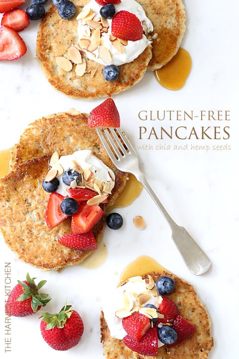 These Gluten-free Pancakes are made with coconut flour, coconut oil, pure maple syrup and chia seeds