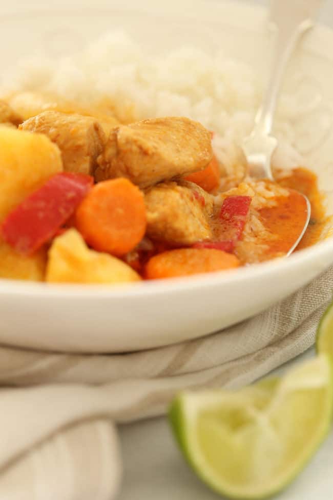 A white bowl filled with poultry and vegetable stew over rice.