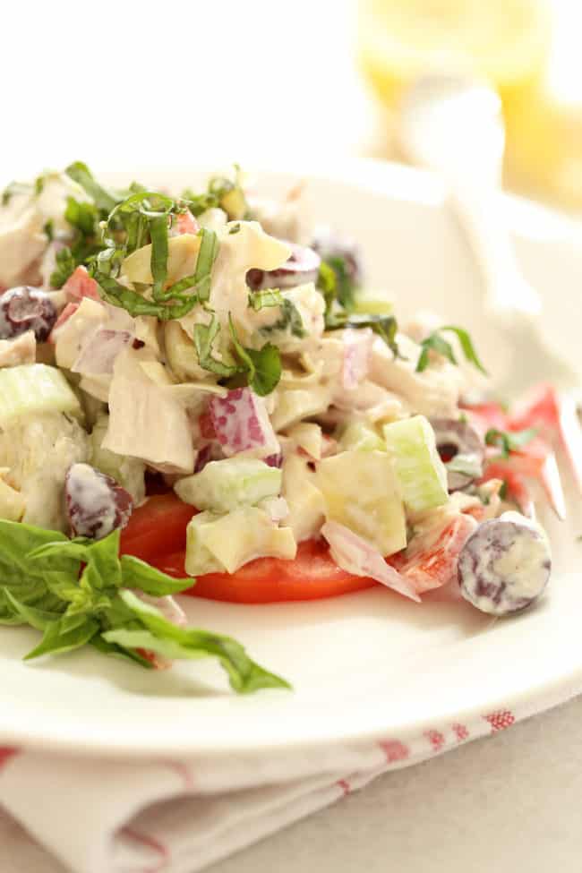 This Healthy Italian Chicken Salad is loaded with tender bites of chicken breast, red bell pepper, red onion, artichoke hearts, kalamata olives, celery and fresh herbs 