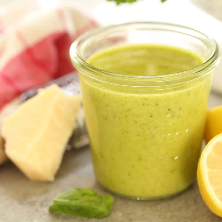 jar of basil vinaigrette