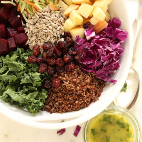 This Superfood Salad recipe is loaded with healthy ingredients like beets, cabbage, broccoli and kale, and it has a delicious blend of flavors and textures.