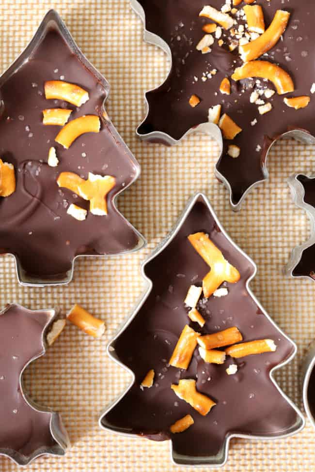 chocolate bark in shaped with cookie cutters