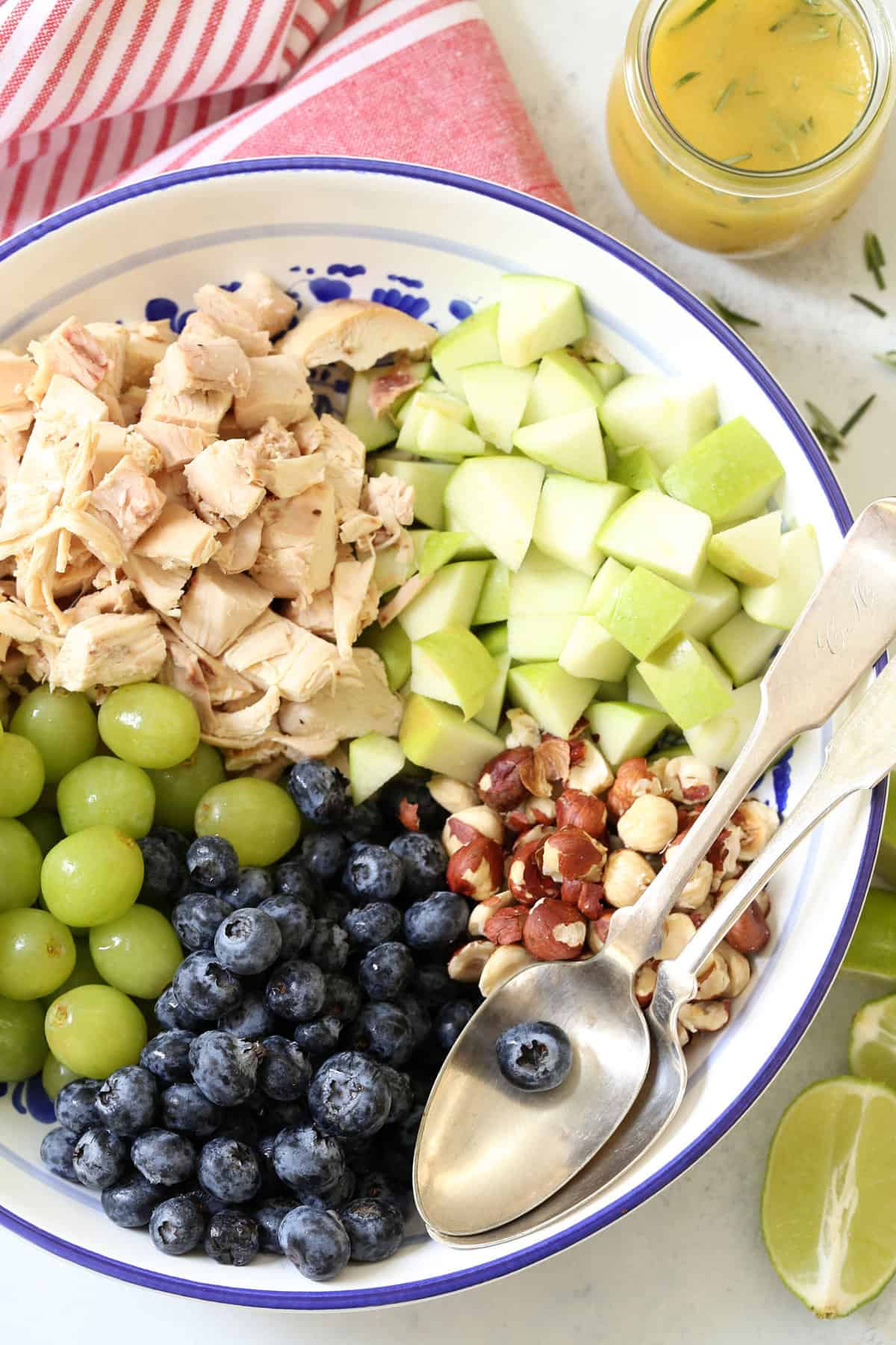 This Blueberry Chicken Salad is loaded with chopped chicken, blueberries, grapes, apple and hazelnuts all tossed in a delicious rosemary lime vinaigrette