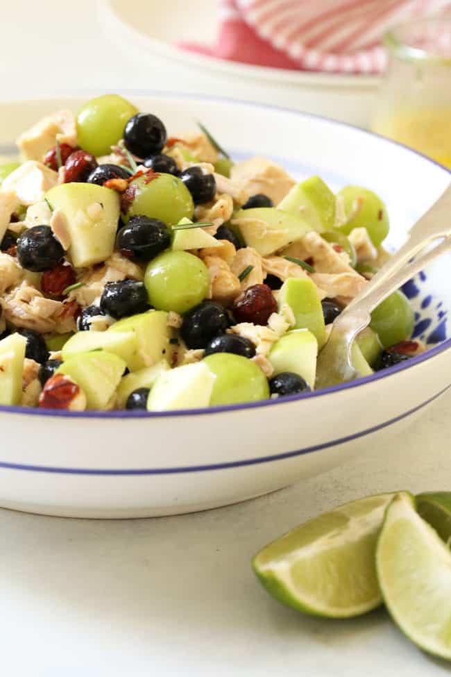 This Blueberry Chicken Salad is loaded with chopped chicken, blueberries, grapes, apple and hazelnuts all tossed in a delicious rosemary lime vinaigrette