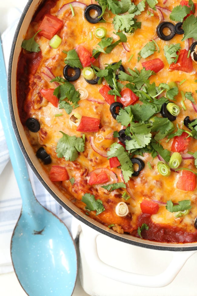 This Easy Turkey Enchilada Casserole is loaded with ground turkey, corn, pinto beans, tortillas and an easy homemade enchilada sauce