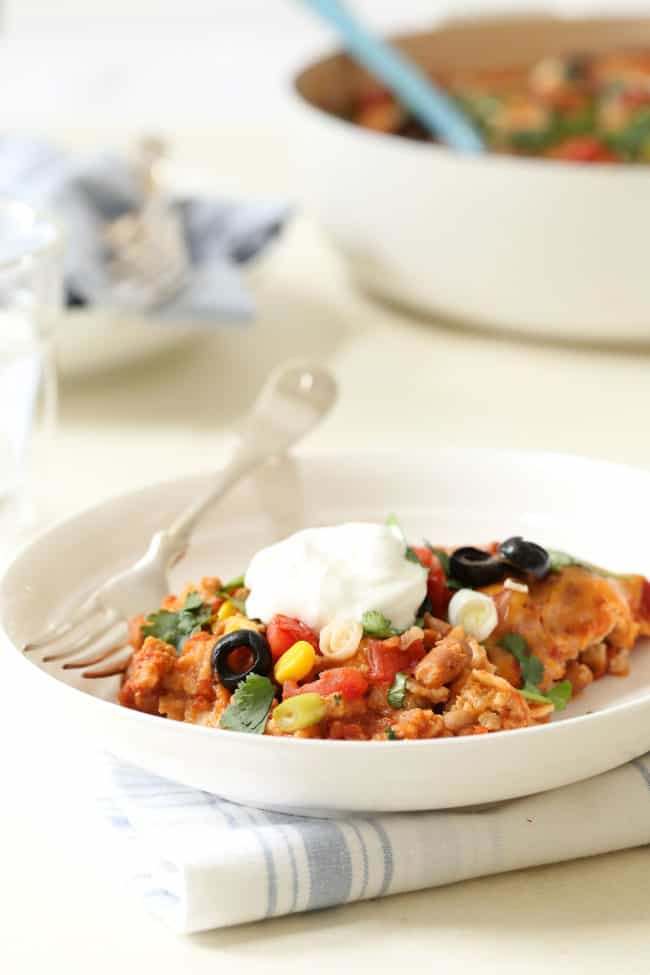 A white plate filled with enchilada casserole.