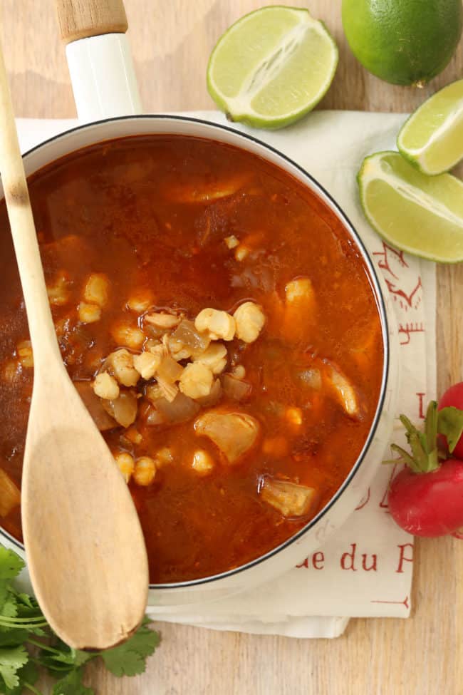 Mexican Chicken Posole (also referred to as chicken pozole) is a  richly flavored soup made with chicken, hominy, garlic and onion all simmered in a broth with authentic Mexican flavors.  