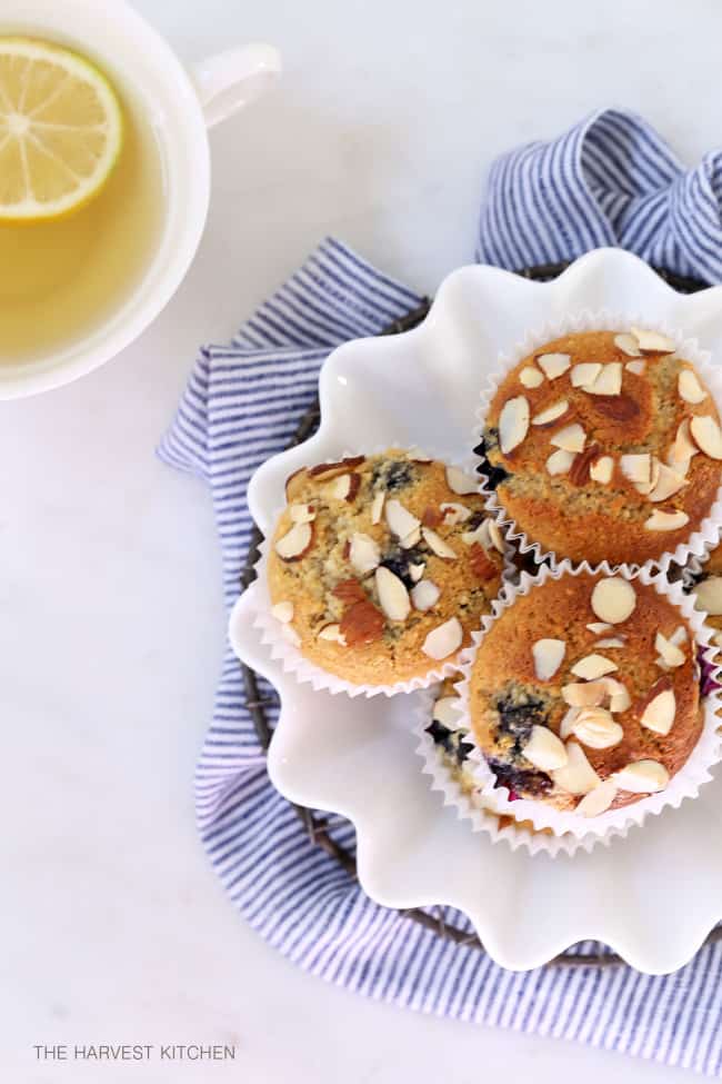 A white dish filled with blueberry muffins. A white tea cup filled with tea sits next to the dish.