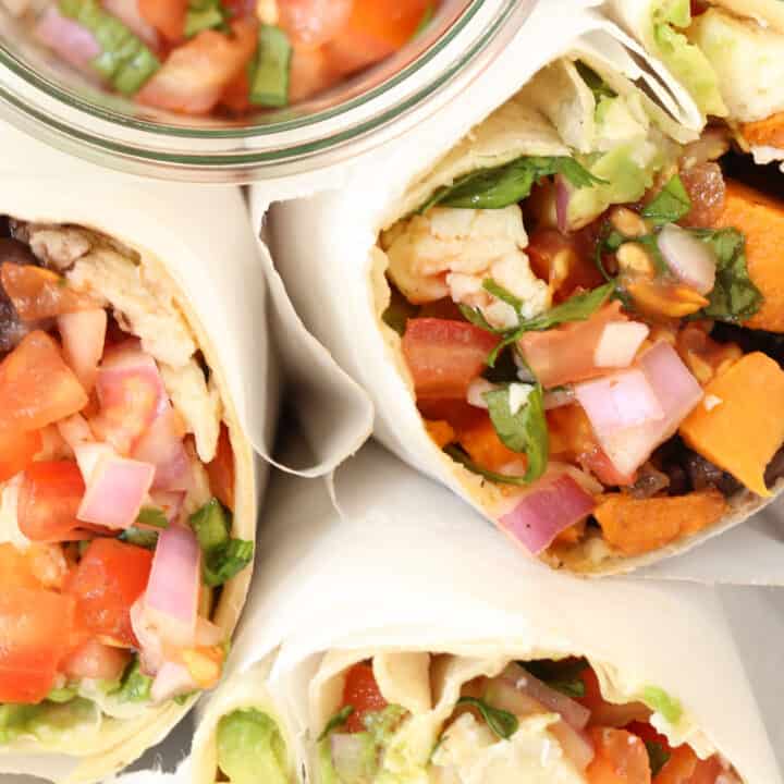 These Healthy Breakfast Burritos are stuffed with sweet potatoes, black beans, egg whites, avocado and pico de gallo