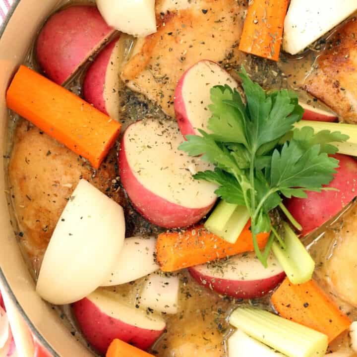 A large pot filled with French Chicken Stew.