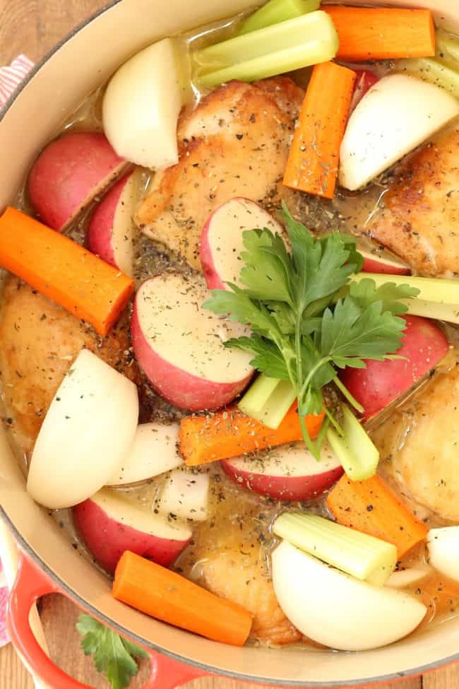 A large pot filled with French Chicken Stew.