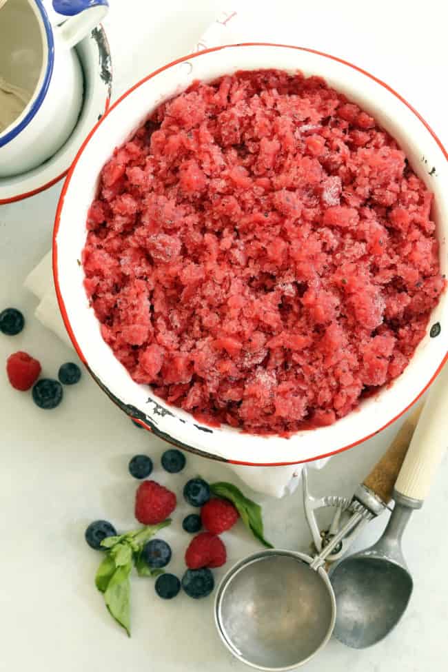 This refreshing Basil Berry Granita (granita is also known as Italian ice) is made with watermelon, mixed berries,  fresh basil leaves, and a hint of honey