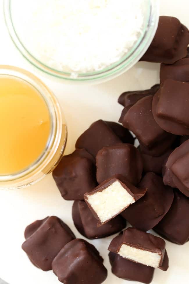 A white plate filled with chocolate coconut bites.