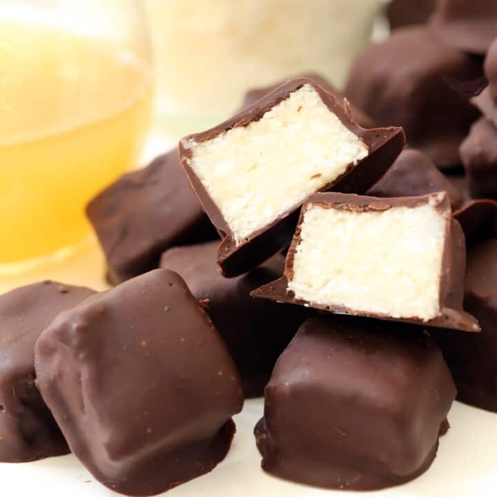 A white plate filled with chocolate coconut bites