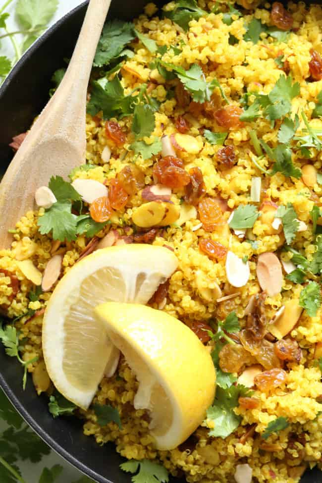 A skillet of lemony quinoa with turmeric.