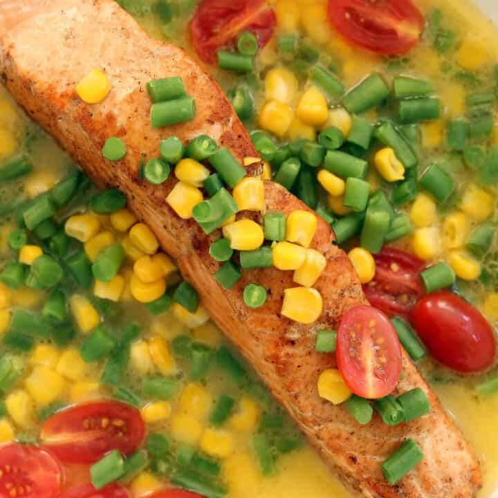 This healthy Seared Salmon with Summer Succotash is a quick and easy dinner to make any night of the week