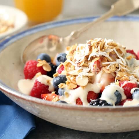 This Banana Orange Yogurt Sauce is a great replacement for milk to pour over your morning oatmeal, or to soak your overnight oats in, and it's especially delicious poured over a big bowl of juicy ripe  berries