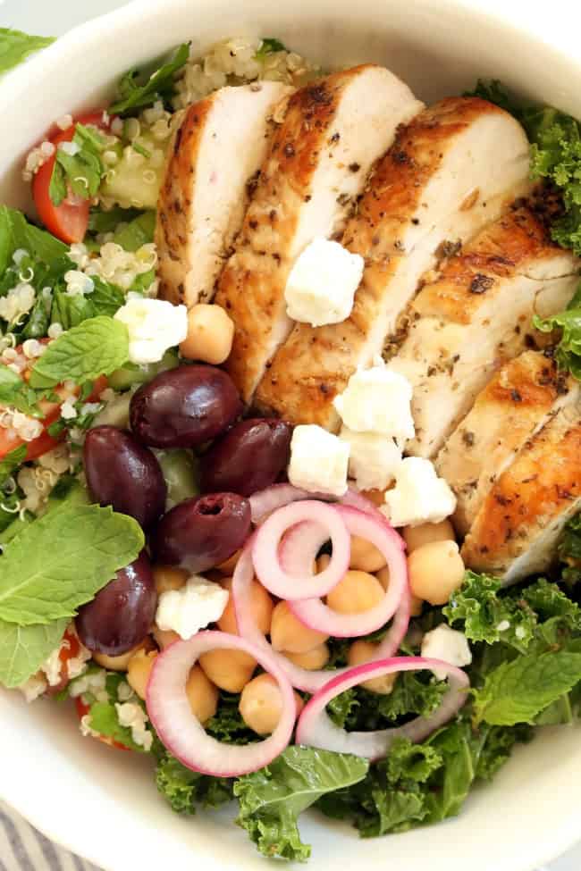 bowl of grilled chicken with salad