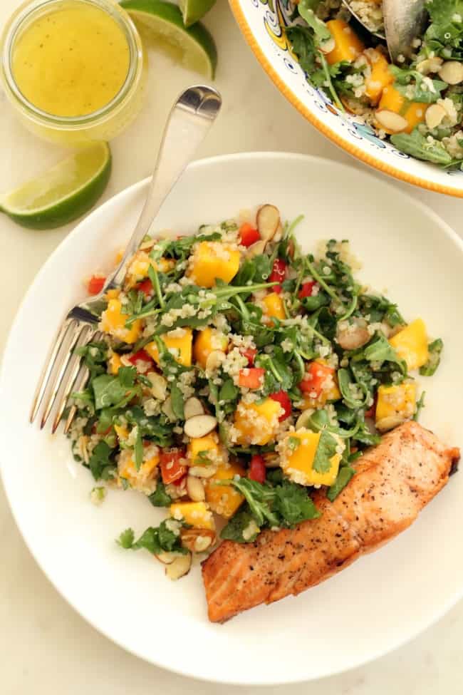 plate os summer quinoa salad with grilled salmon