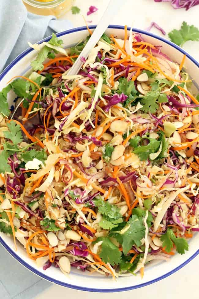 This Asian Quinoa Salad is made with green and red cabbage, carrot, cilantro, onion and quinoa all tossed in a delicious Asian ginger salad dressing