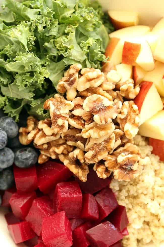 A bowl filled with cubed steamed beets, blueberries, apple slices, walnut and mixed greens. 