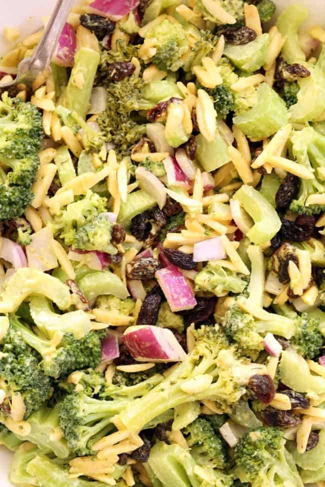 bowl of tossed broccoli salad ingredients