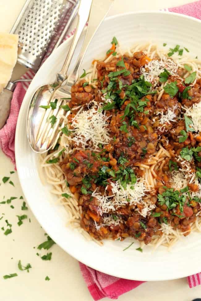 plate of lentil sauce with pasta