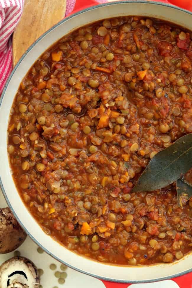 pot of tomato sauce with lentils