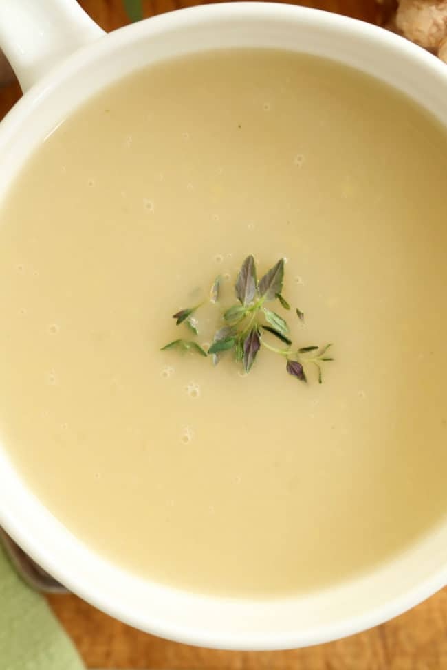 This Dairy Free Creamy Onion Soup is a vegan onion soup made with sweet onions, fresh ginger, vegetable broth, thyme and marsala wine