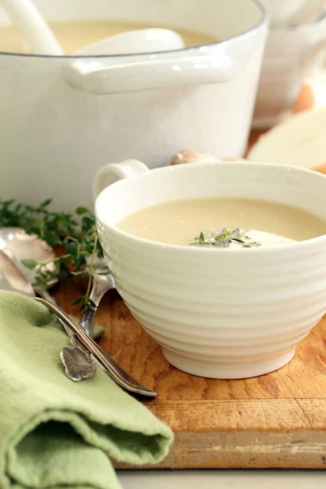 This Dairy Free Creamy Onion Soup is a vegan onion soup made with sweet onions, fresh ginger, vegetable broth, thyme and marsala wine