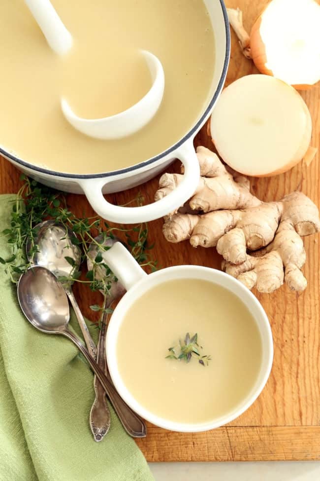 This Dairy Free Creamy Onion Soup is a vegan onion soup made with sweet onions, fresh ginger, vegetable broth, thyme and marsala wine