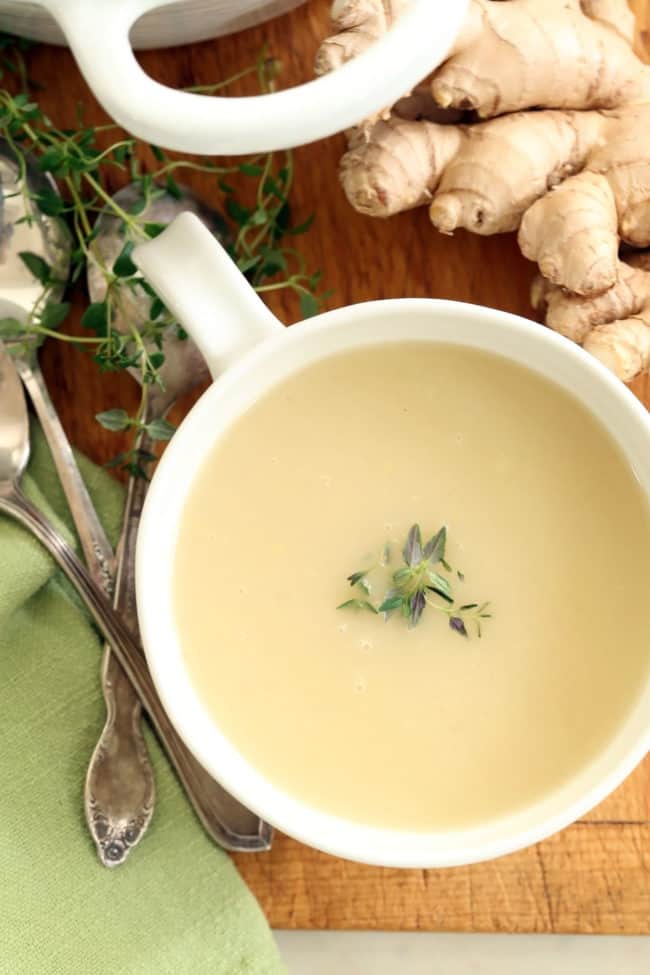 This Dairy Free Creamy Onion Soup is a vegan onion soup made with sweet onions, fresh ginger, vegetable broth, thyme and marsala wine