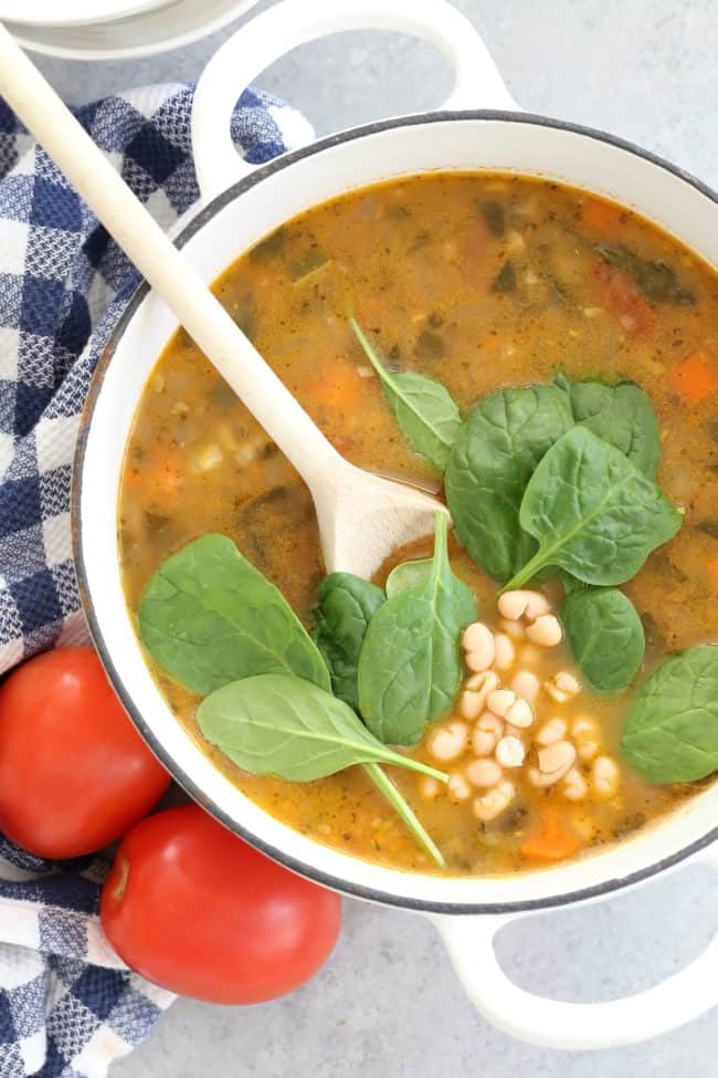 This Vegetarian Tuscan White Bean Soup is loaded with onion, carrots, tomatoes, zucchini, celery, white beans, spinach, oregano, thyme, fennel and parsley