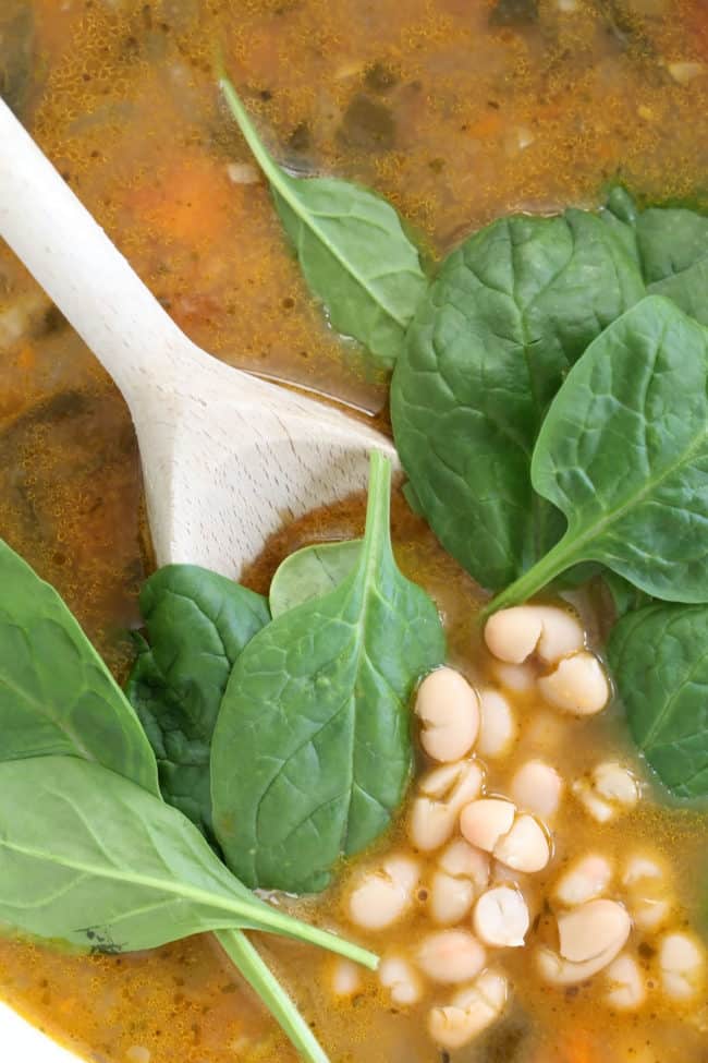 pot of white bean and spinach soup