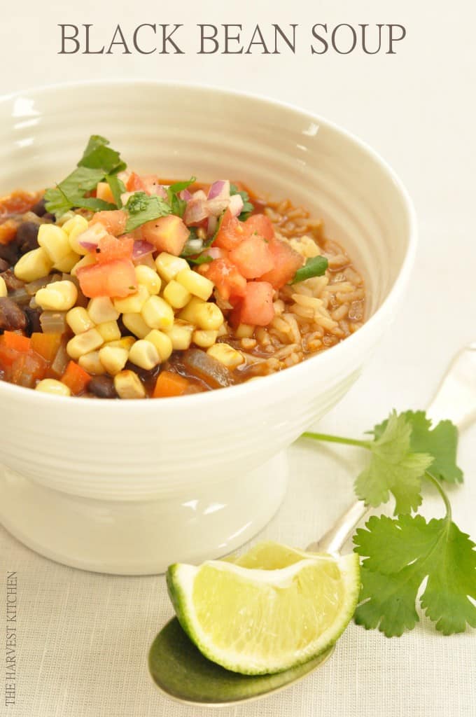 This Black Bean Soup is loaded with onion, garlic, carrots, celery, red pepper and tomatoes in a richly flavored broth