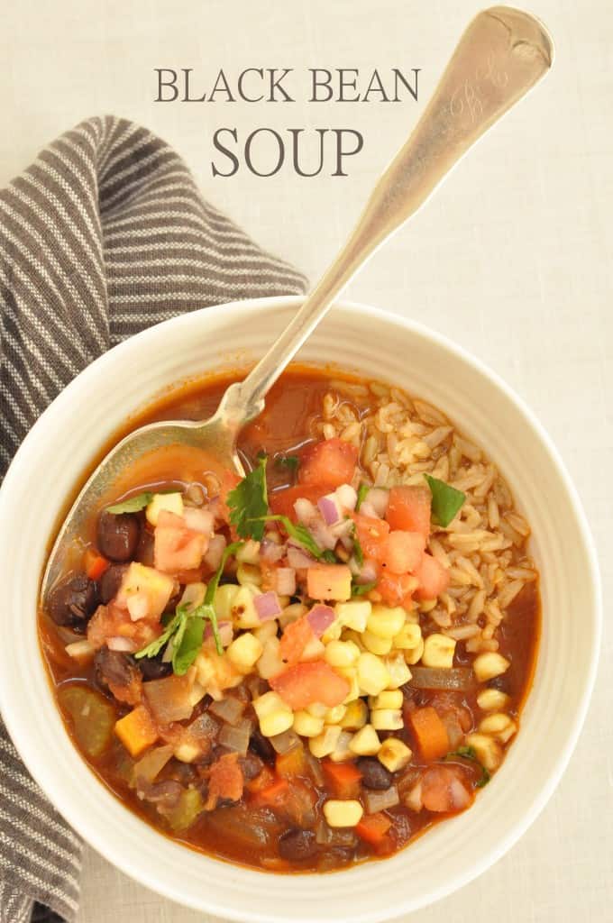 This Black Bean Soup is loaded with onion, garlic, carrots, celery, red pepper and tomatoes in a richly flavored broth