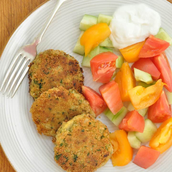 These Chickpea Patties are slightly crispy on the outside and tender and moist and flavorful on the inside.  Serve them with plain Greek yogurt or a tzatziki sauce