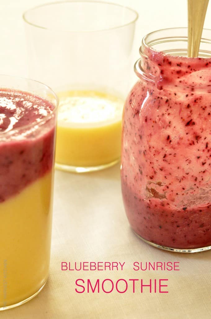 Two glasses and a mason jar filled with blueberry pineapple smoothie.
