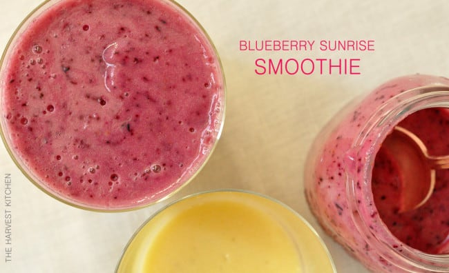 This Blueberry Pineapple Smoothie is a blend of fruit divided..the first part being pineapple, mango and banana, the second is blueberries and pineapple.