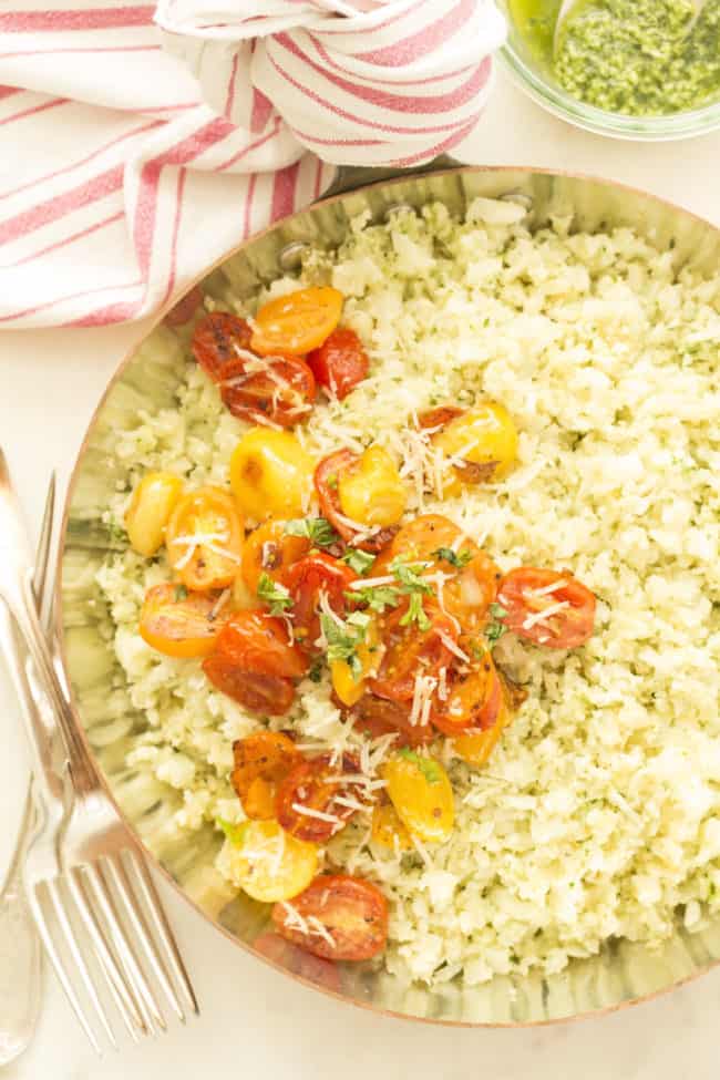 This Pesto Cauliflower Rice comes together in just 20 minutes and makes a delicious healthy side dish to grilled chicken or fish