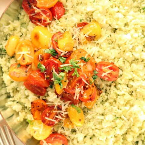 This Pesto Cauliflower Rice comes together in just 20 minutes and makes a delicious healthy side dish to grilled chicken or fish