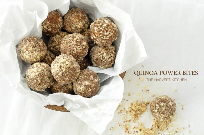 These Quinoa Power Bites (also called "energy bites" and "energy balls") are made with quinoa flakes, almond butter, almonds and Medjool dates