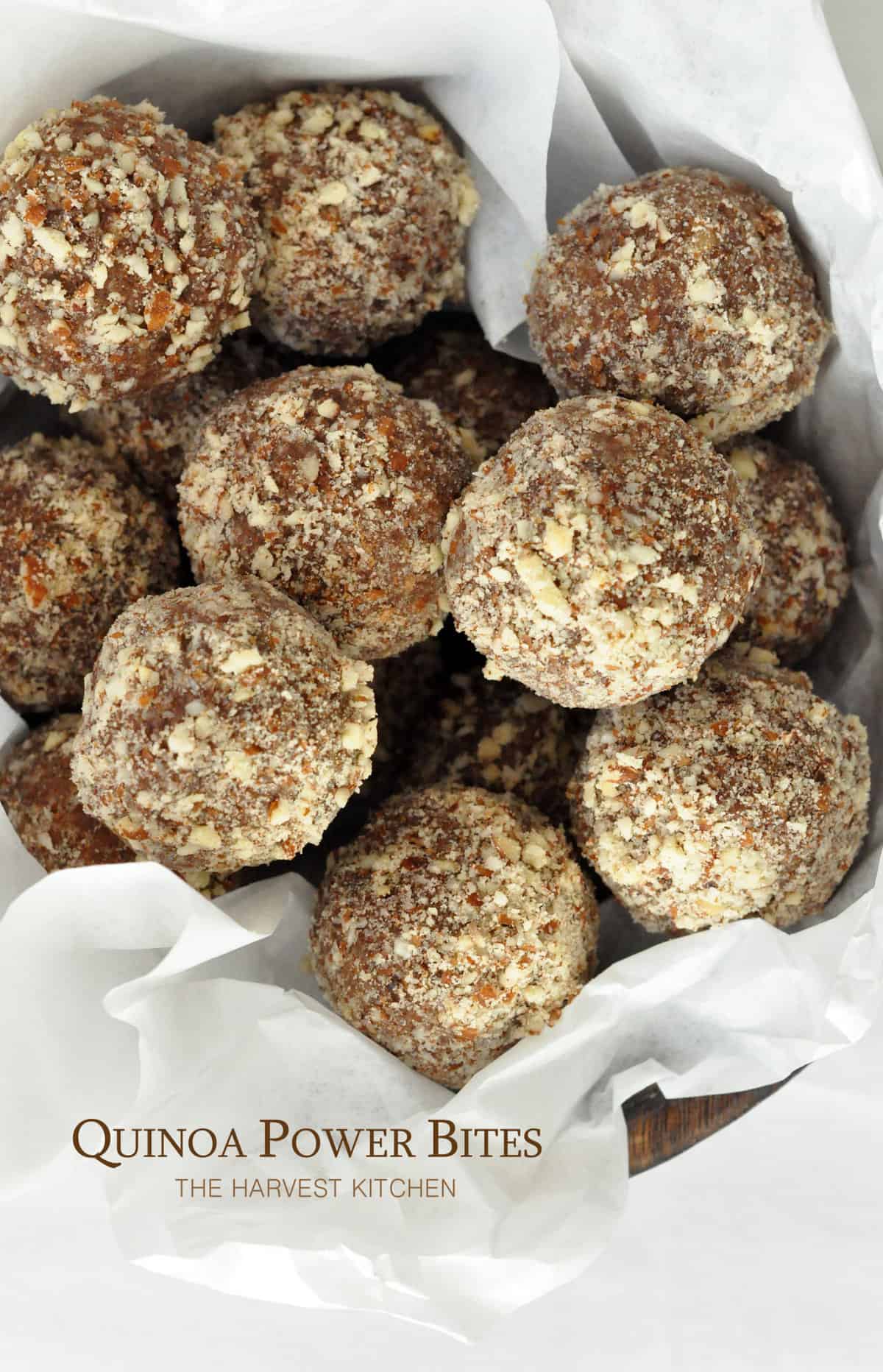 These Quinoa Power Bites (also called "energy bites" and "energy balls") are made with quinoa flakes, almond butter, almonds and Medjool dates