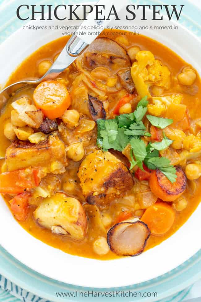 A white bowl filled with chickpea stew.