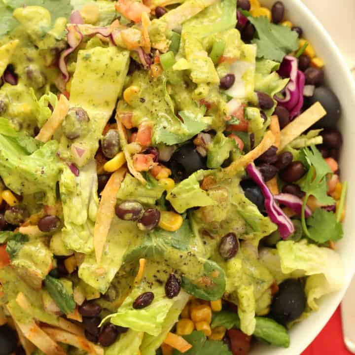 This Mexican Salad Recipe is loaded with healthy ingredients all tossed in a delicious cilantro lime vinaigrette